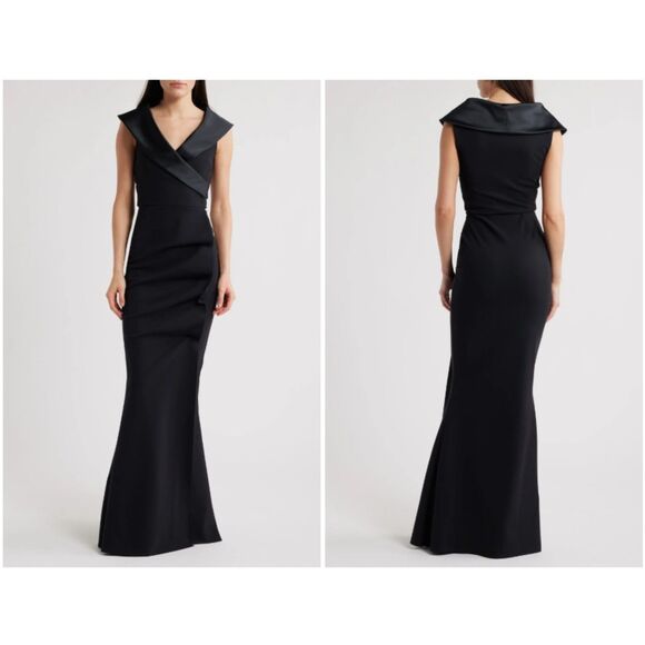 Chiara Boni La Petite Robe Nero Black Fiy Satin Trim Mermaid Gown Size 42/ 6 US